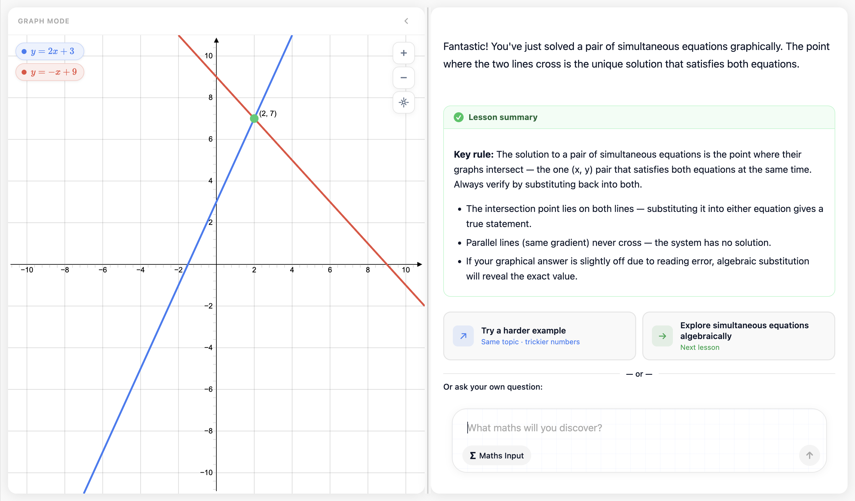 MarkyMaths showing y = x² with an animated tangent line and Gradient = 2.0 label, alongside step-by-step working in the chat panel
